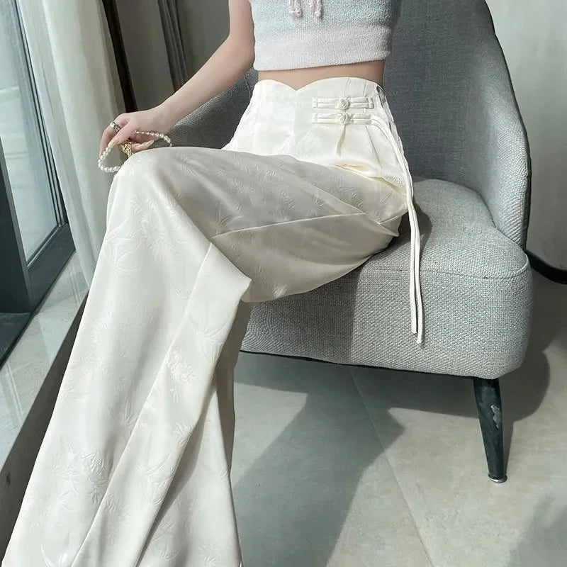 Pantalones de mujer de satén jacquard, pierna ancha, cintura alta, ajuste holgado, ligeros y casuales