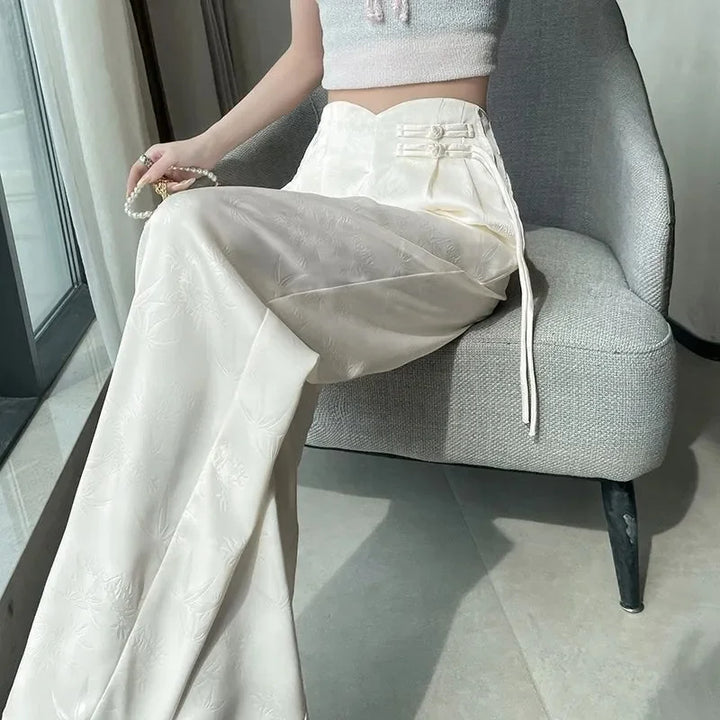 Pantalones de mujer de satén jacquard, pierna ancha, cintura alta, ajuste holgado, ligeros y casuales