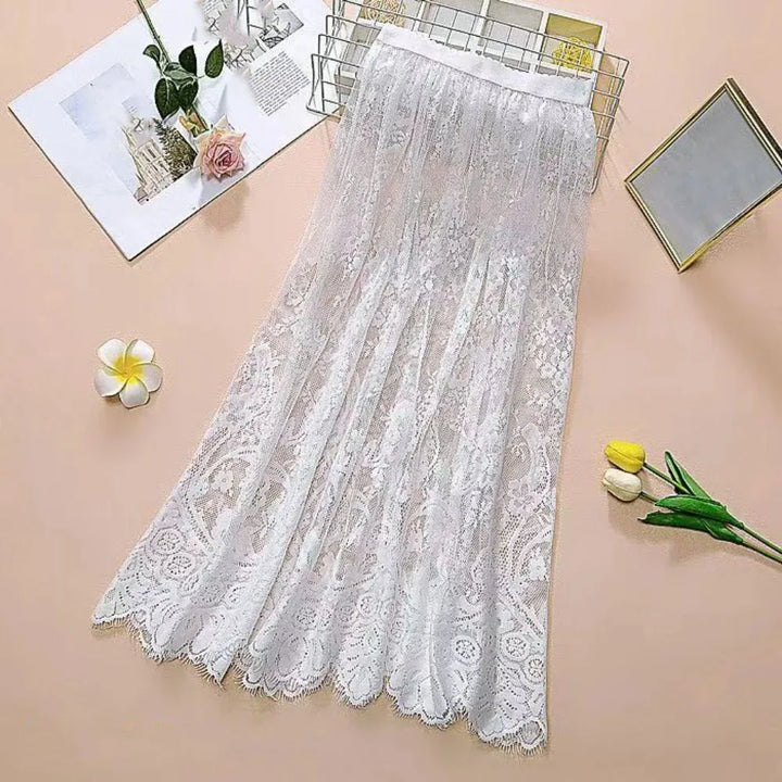 Falda midi para mujer de encaje de malla de seda helada, cintura alta elástica, floral, línea A, ropa casual