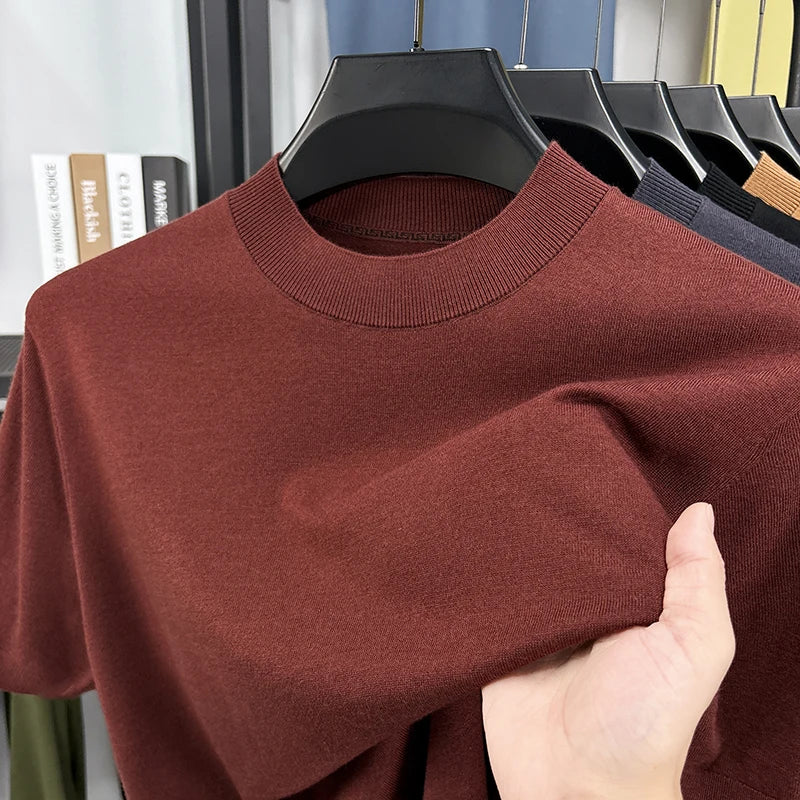 T-shirt homme en maille de soie et laine, coupe slim, manches courtes, col montant, décontracté