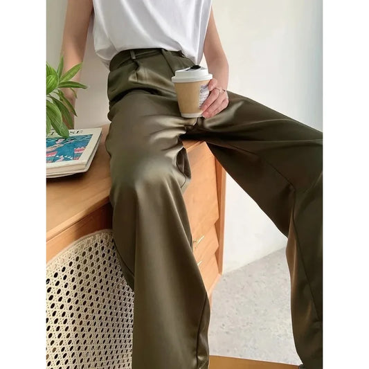 Women's Pants Satin Wide Leg High Waist Loose Fit Full Length Casual