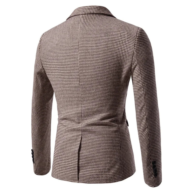 Blazer homme à motif pied-de-poule coupe slim, fermeture à boutons, manches longues, style business décontracté