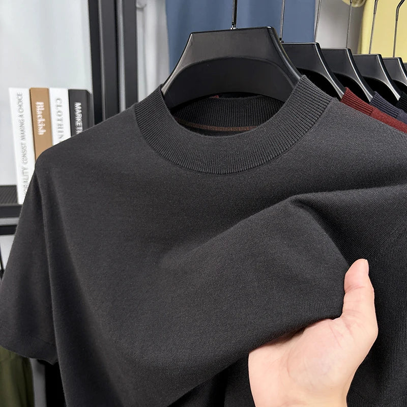 Men's T-Shirt Silk Wool Knit Slim Fit Short Sleeve Mock Neck Casual
