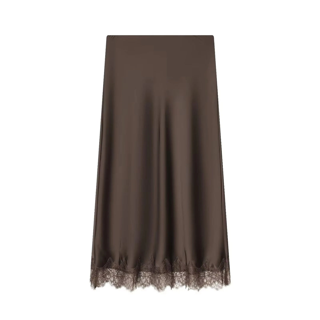 Falda midi para mujer de satén con encaje, lunares, cintura alta, corte recto, uso casual