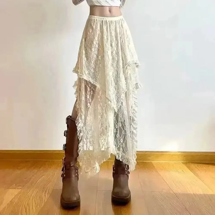 Jupe femme en dentelle, taille haute asymétrique, ourlet irrégulier, style Y2K bohème pour soirée