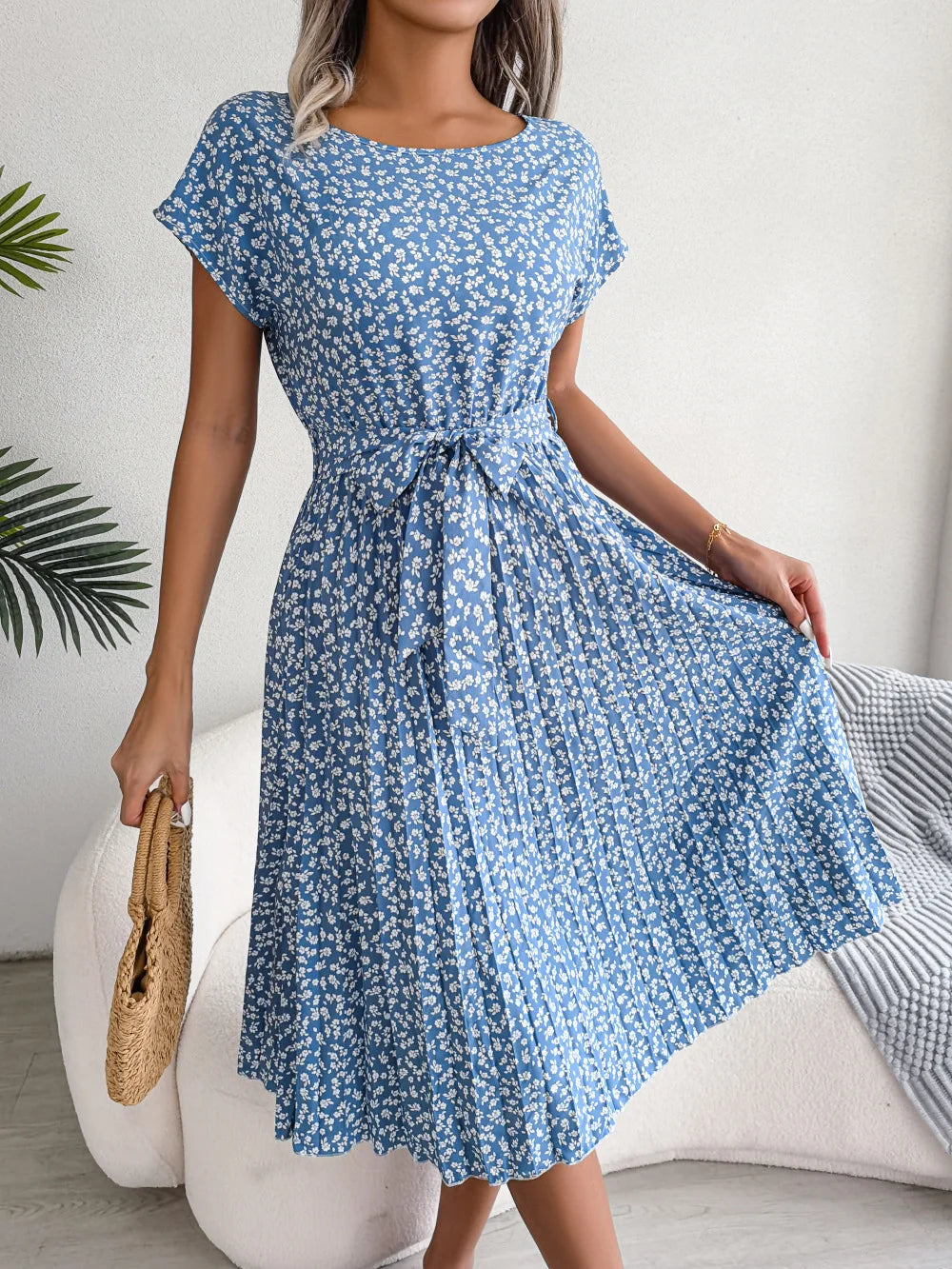 Vestido maxi para mujer de gasa con flores, plisado, manga corta, cintura alta, corte en A – Casual de verano