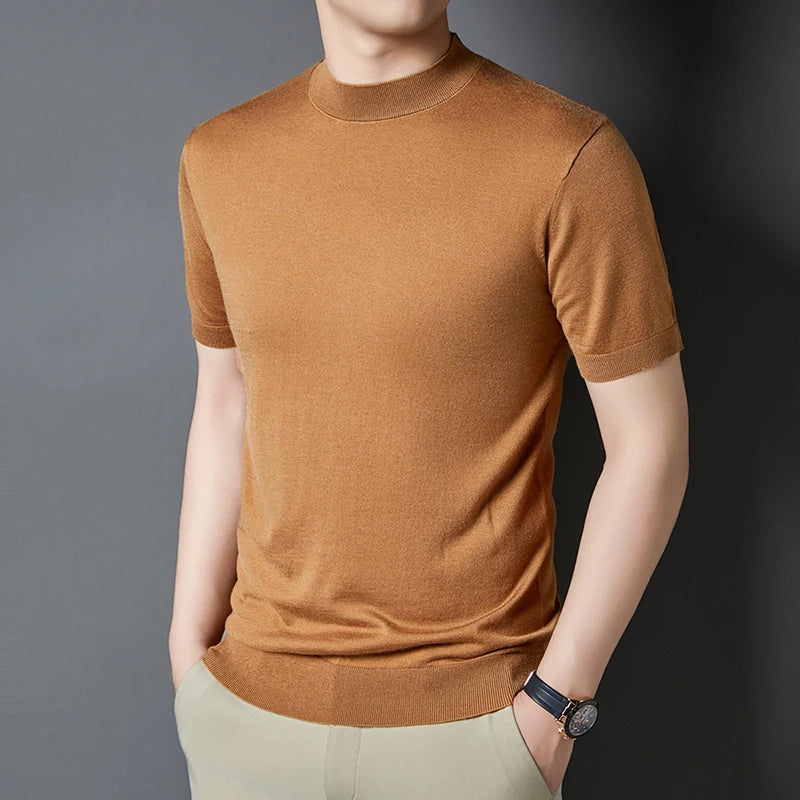 T-shirt homme en maille de soie et laine, coupe slim, manches courtes, col montant, décontracté