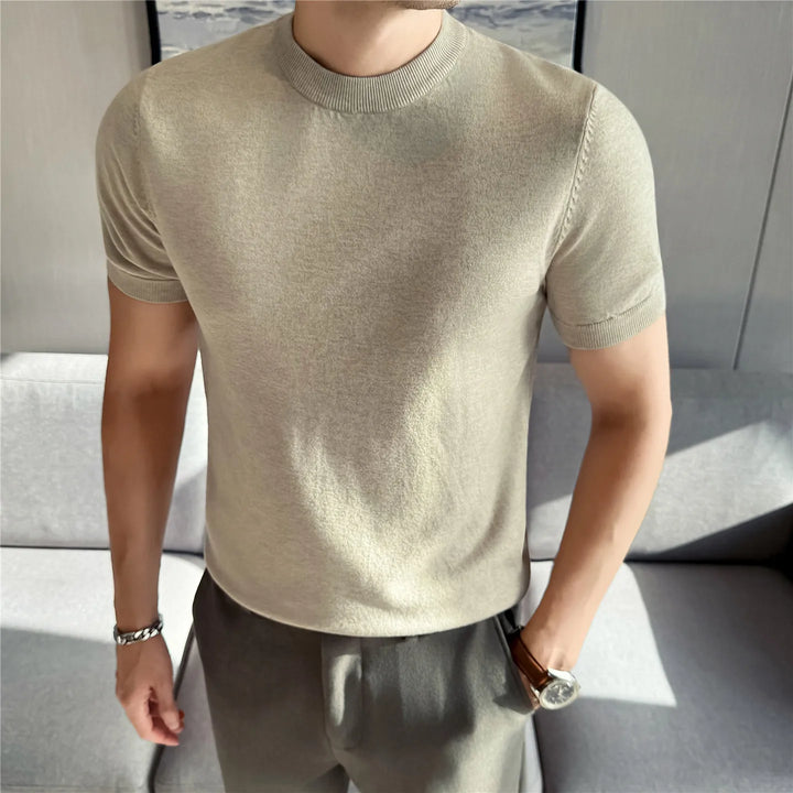 Camiseta de hombre de punto lisa, ajuste slim, manga corta, cuello redondo, casual