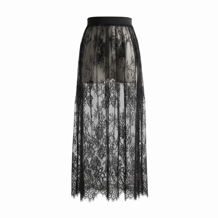 Falda midi para mujer de encaje de malla de seda helada, cintura alta elástica, floral, línea A, ropa casual