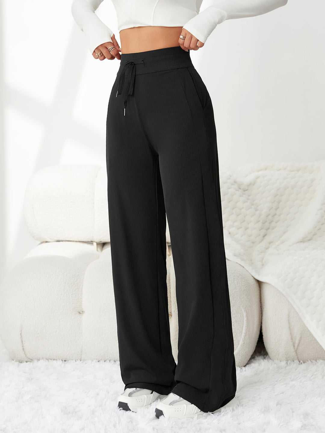 Pantalon femme en soie glacée, jambe large, taille haute, coupe ample, décontracté, été