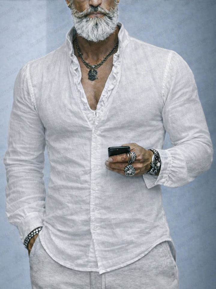 Chemise homme en coton à col volanté, coupe slim, manches longues, boutonnée, décontractée