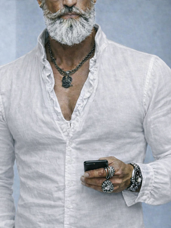 Chemise homme en coton à col volanté, coupe slim, manches longues, boutonnée, décontractée