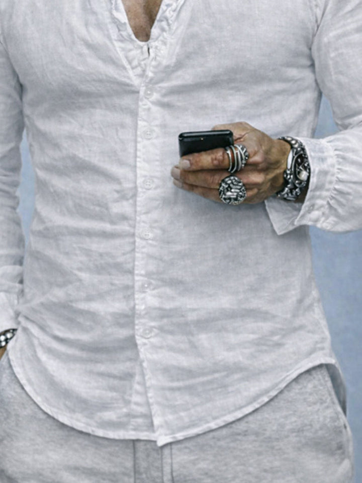 Chemise homme en coton à col volanté, coupe slim, manches longues, boutonnée, décontractée