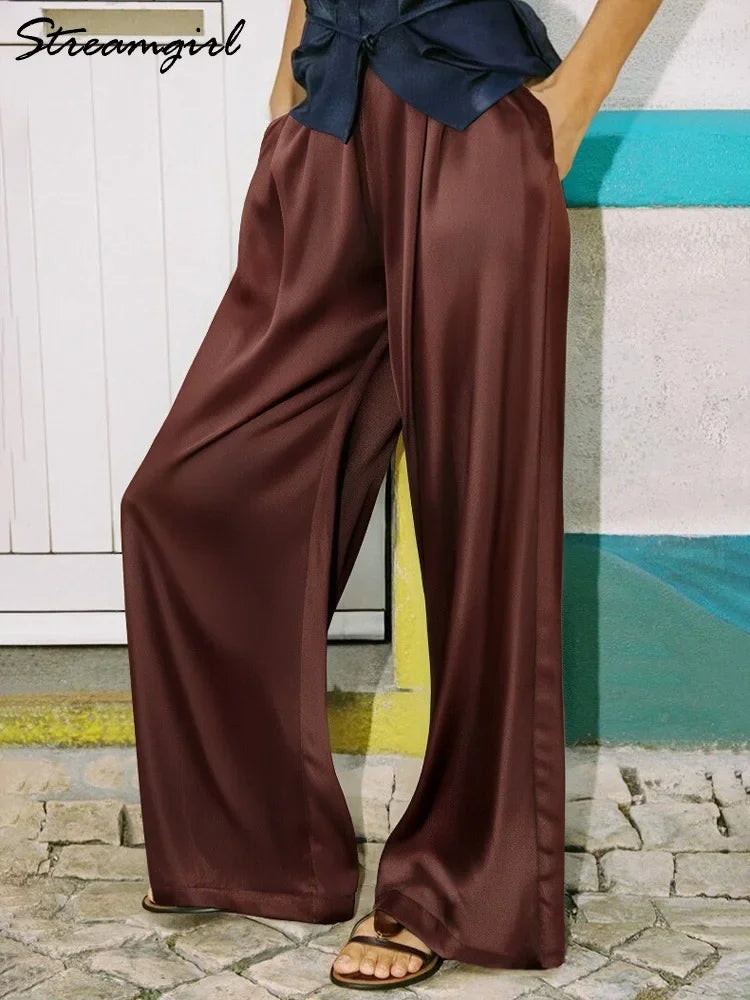 Pantalon femme en satin, jambe large, taille haute, coupe ample, poches, décontracté