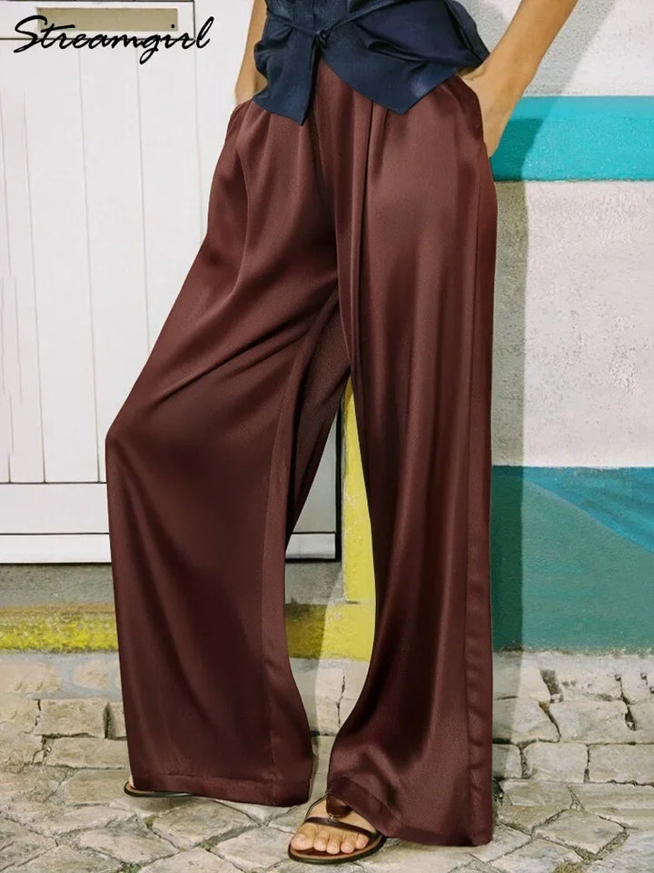 Pantalon femme en satin, jambe large, taille haute, coupe ample, poches, décontracté