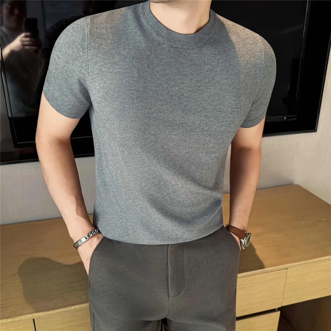 Camiseta de hombre de punto lisa, ajuste slim, manga corta, cuello redondo, casual