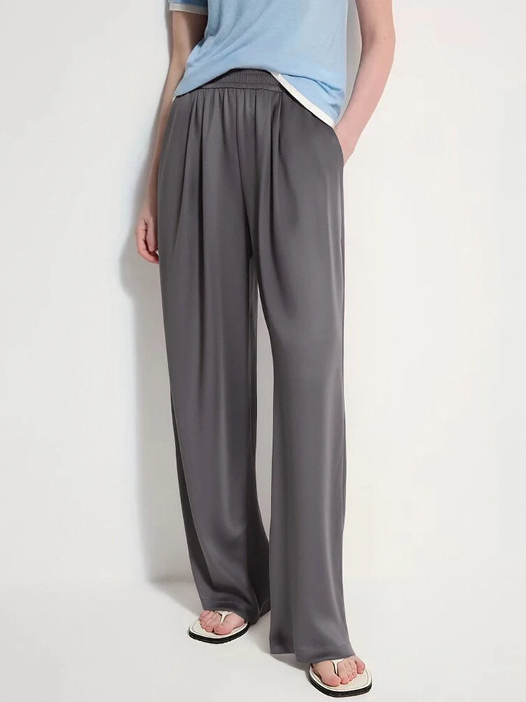 Pantalon femme en satin, jambe large, taille haute, coupe ample, poches, décontracté