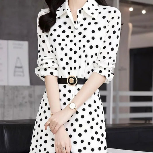 Women's Midi Dress Polka Dot 3/4 Sleeve Turn-Down Collar Belted Waist Shirt Dress