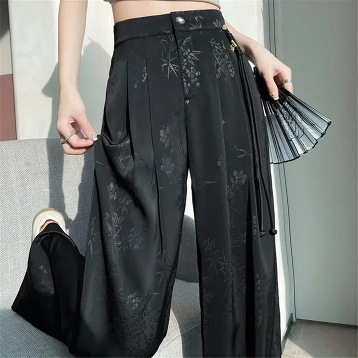 Pantalon femme en satin jacquard, jambe large, coupe ample, taille haute, décontracté bureau