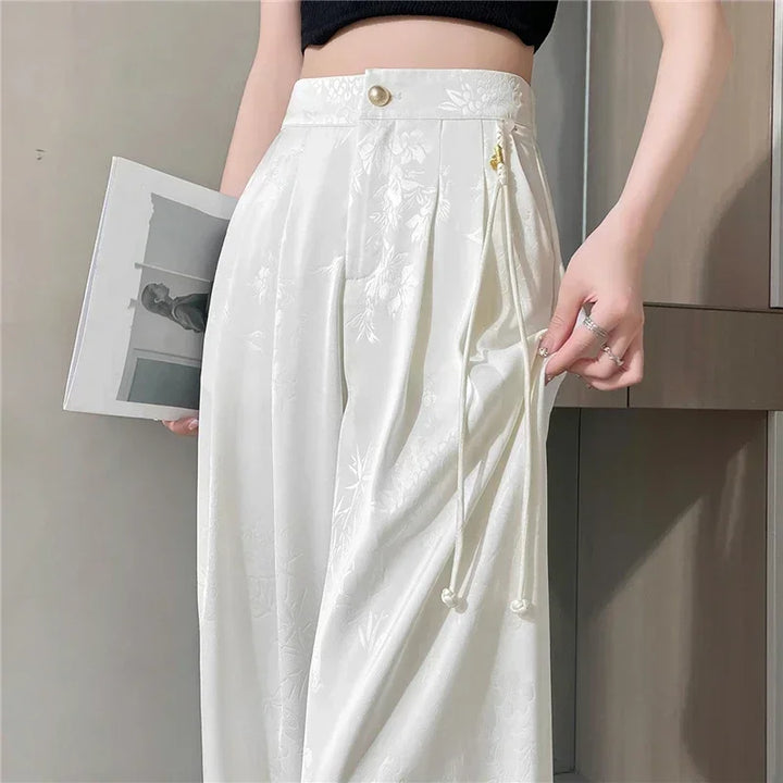 Pantalon femme en satin jacquard, jambe large, coupe ample, taille haute, décontracté bureau