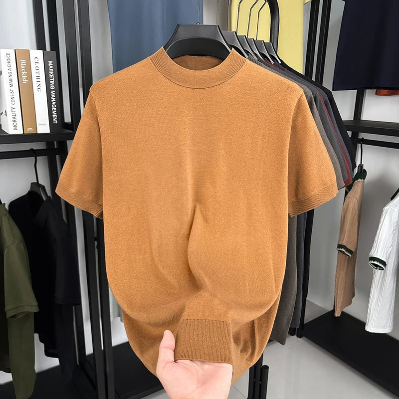 Men's T-Shirt Silk Wool Knit Slim Fit Short Sleeve Mock Neck Casual
