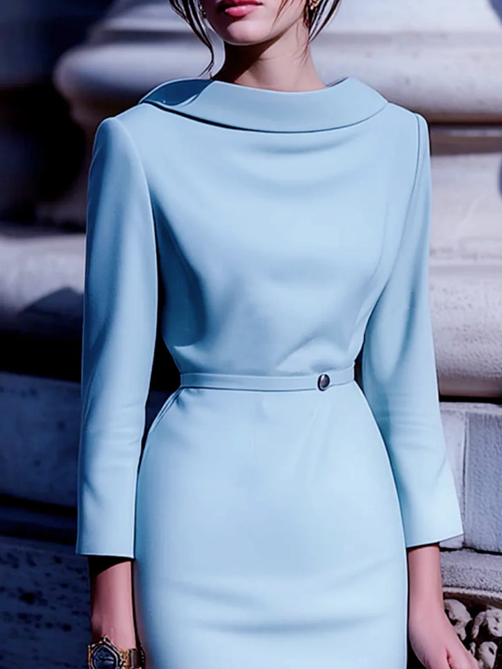 Women's Midi Dress Turn-Down Collar V-Back Belted Mid Sleeve Regular Fit – Work Occasion