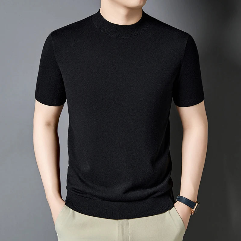 T-shirt homme en maille de soie et laine, coupe slim, manches courtes, col montant, décontracté