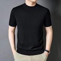 Men's T-Shirt Silk Wool Knit Slim Fit Short Sleeve Mock Neck Casual