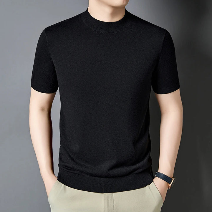 Camiseta para hombre de punto de seda y lana, ajuste slim, manga corta, cuello alto simulado, casual