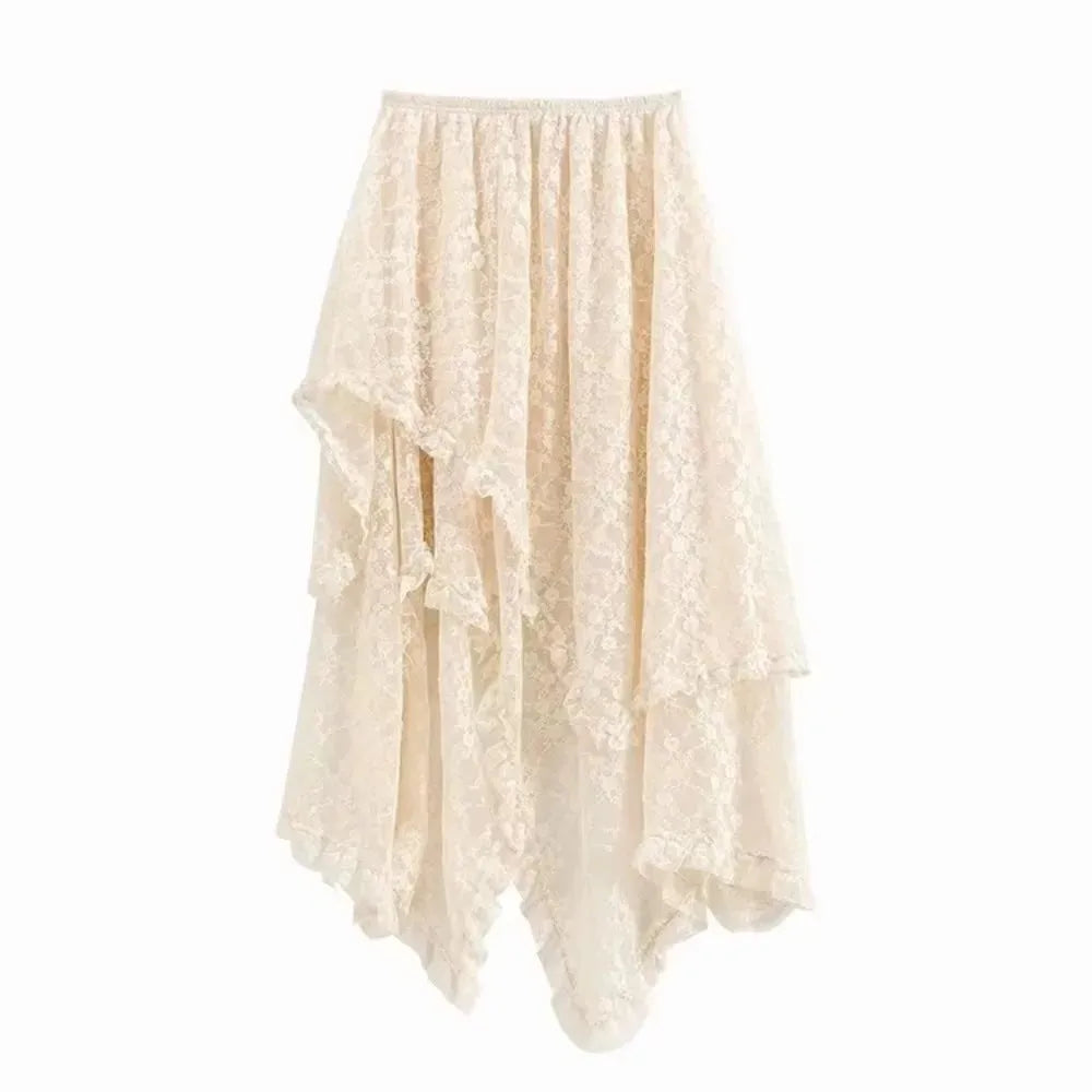 Jupe femme en dentelle, taille haute asymétrique, ourlet irrégulier, style Y2K bohème pour soirée