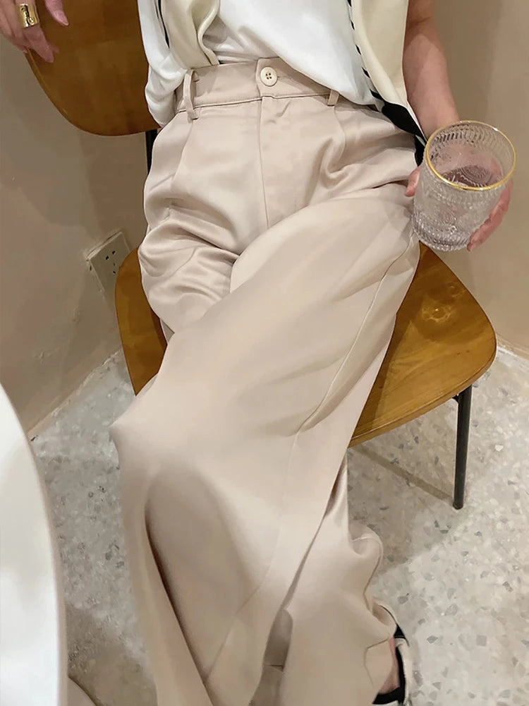 Pantalon femme en satin, jambe large, taille haute, coupe ample, longueur totale, décontracté