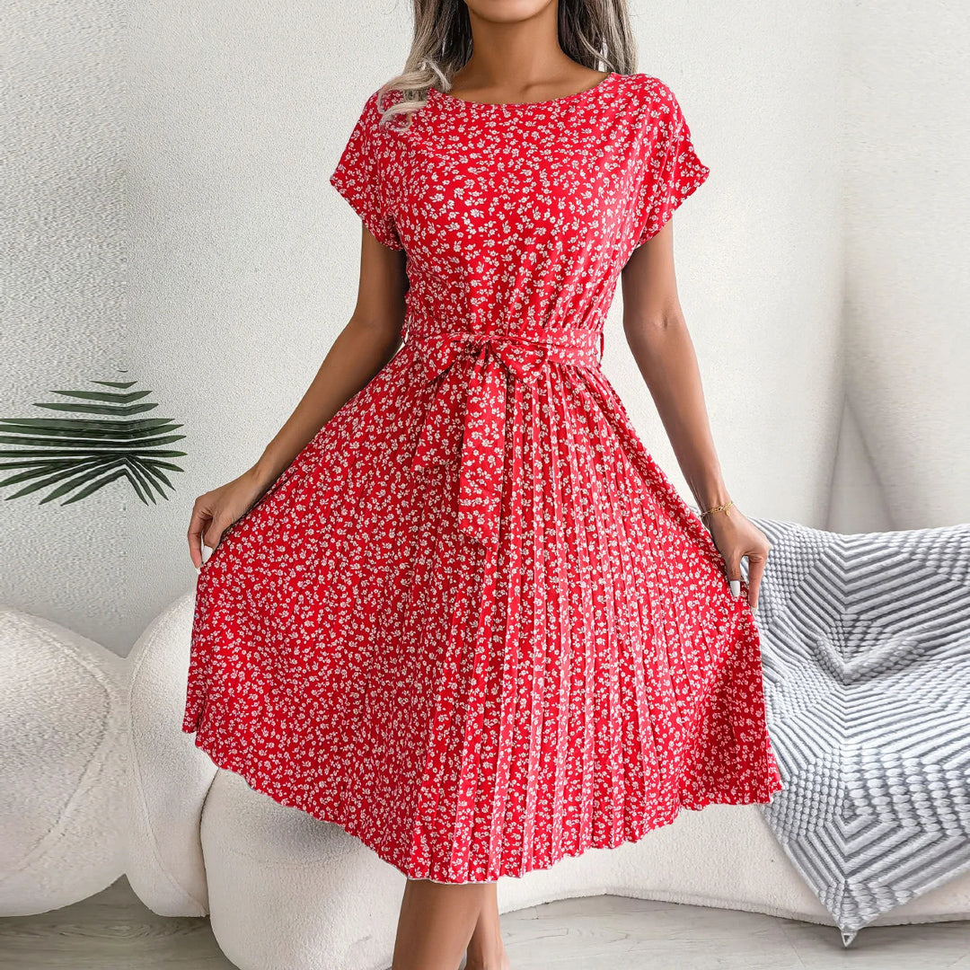 Vestido maxi para mujer de gasa con flores, plisado, manga corta, cintura alta, corte en A – Casual de verano
