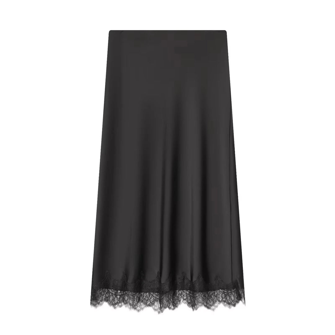 Falda midi para mujer de satén con encaje, lunares, cintura alta, corte recto, uso casual