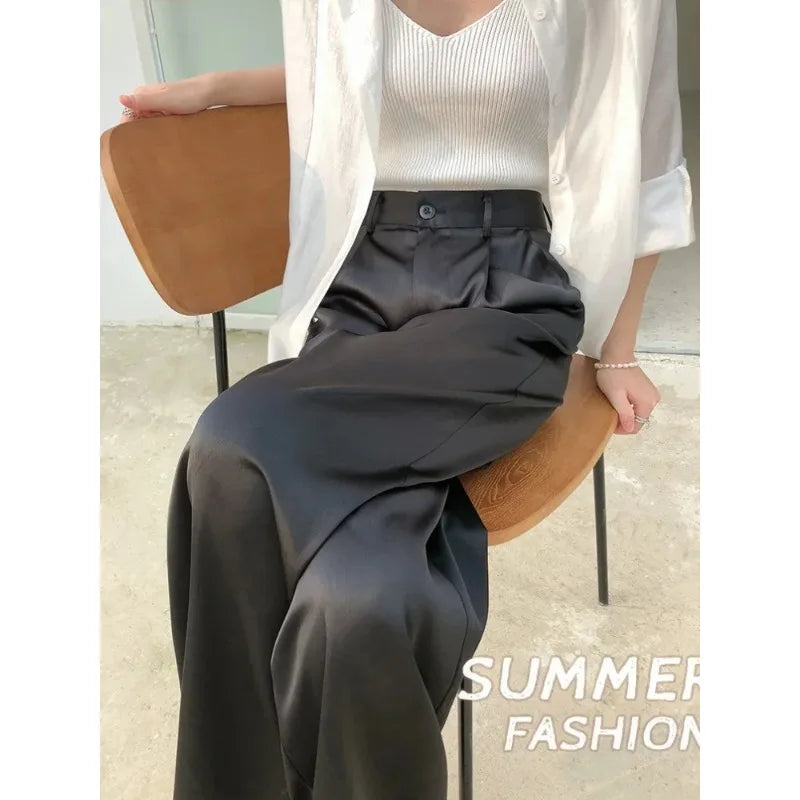 Pantalon femme en satin, jambe large, taille haute, coupe ample, longueur totale, décontracté