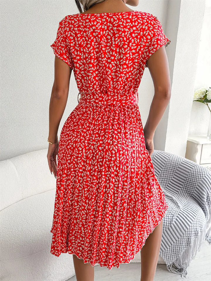 Vestido maxi para mujer de gasa con flores, plisado, manga corta, cintura alta, corte en A – Casual de verano