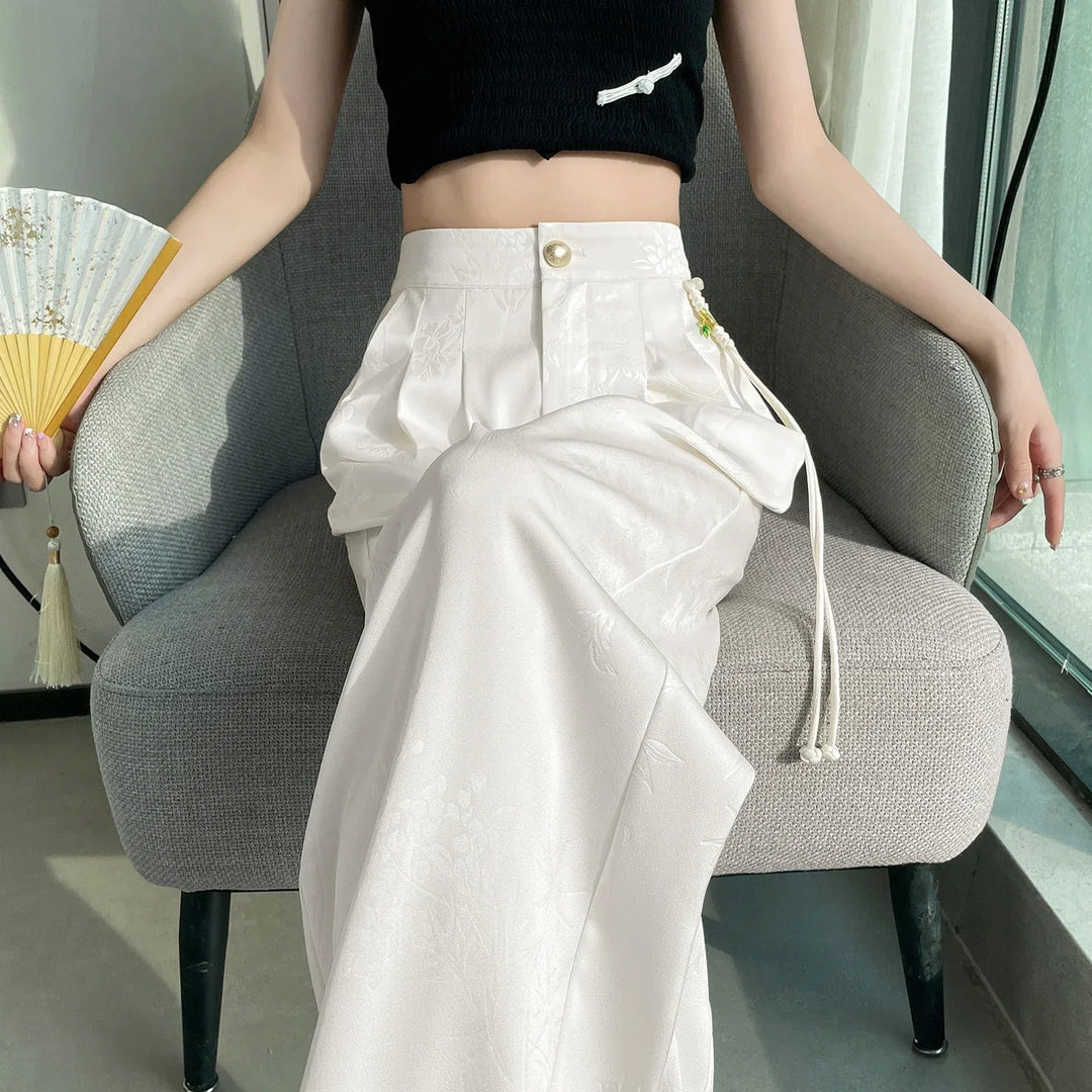 Pantalon femme en satin jacquard, jambe large, coupe ample, taille haute, décontracté bureau