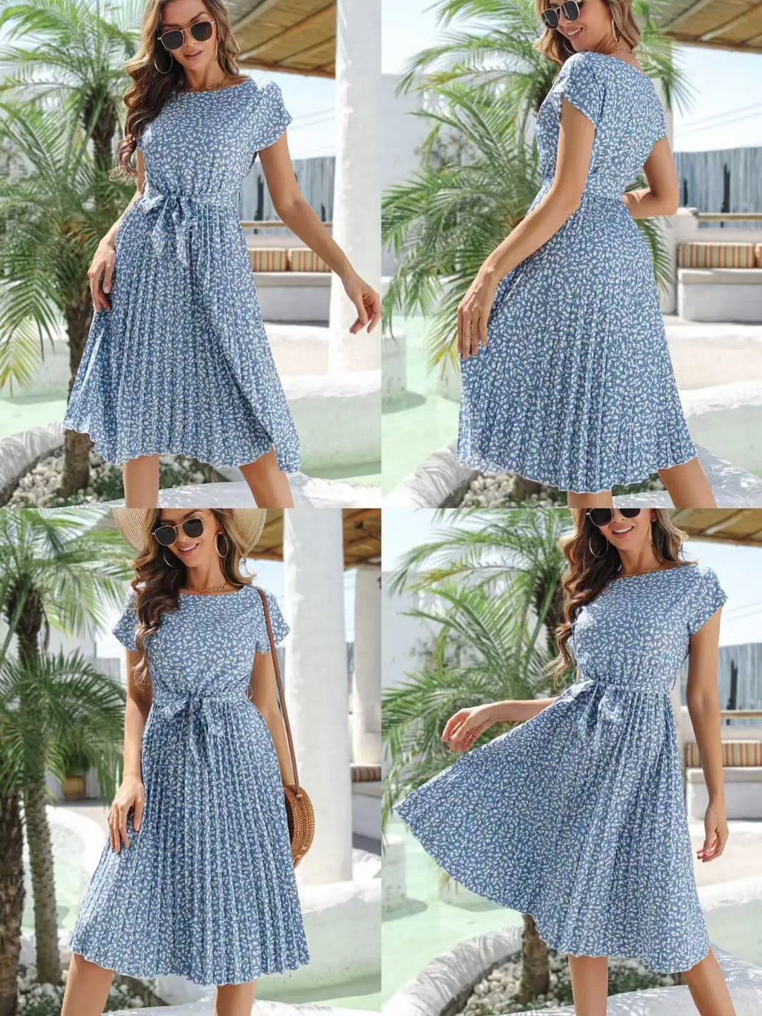 Vestido midi para mujer de gasa con estampado floral, escote en V, manga corta, corte en línea A, tipo pulóver – Casual de verano