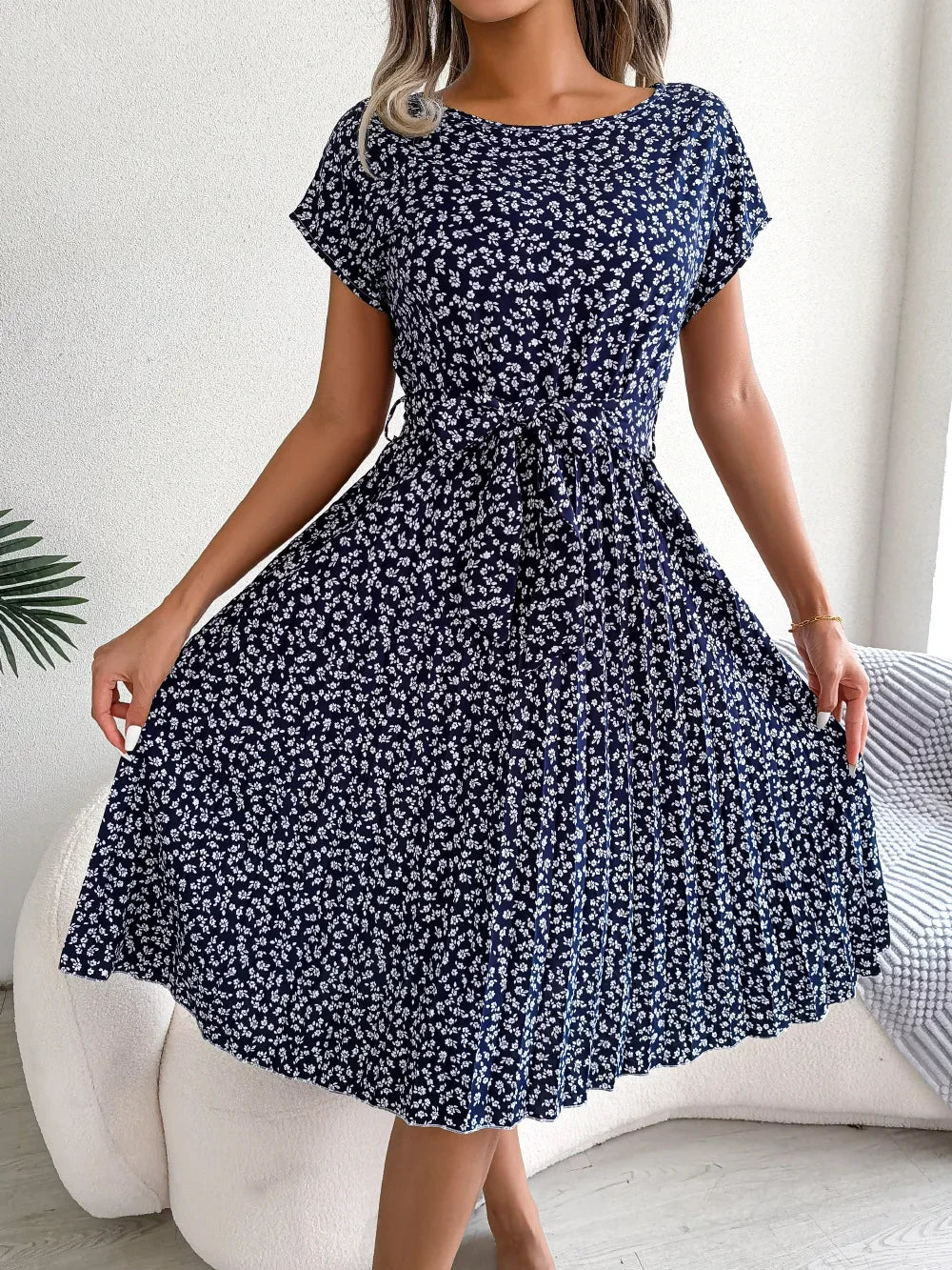 Vestido midi para mujer de gasa con estampado floral, escote en V, manga corta, corte en línea A, tipo pulóver – Casual de verano