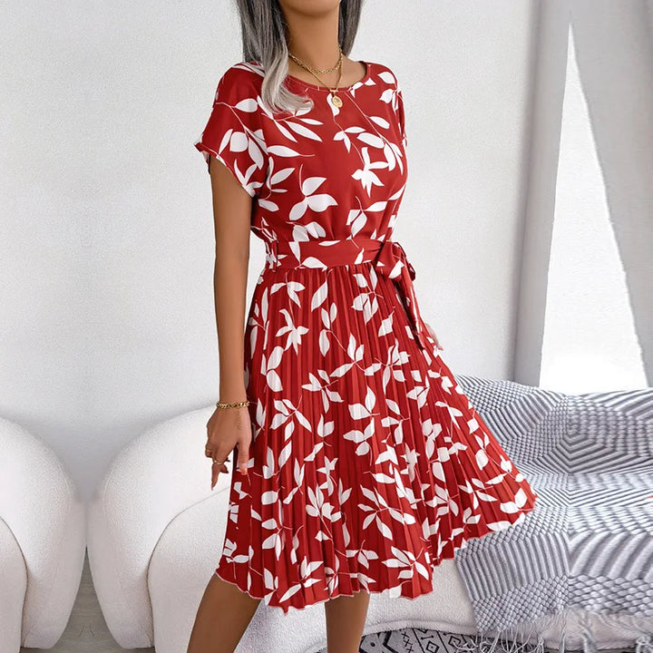 Vestido maxi para mujer de gasa con flores, plisado, manga corta, cintura alta, corte en A – Casual de verano