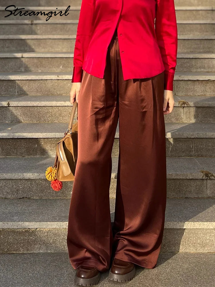Pantalon femme en satin, jambe large, taille haute, coupe ample, poches, décontracté