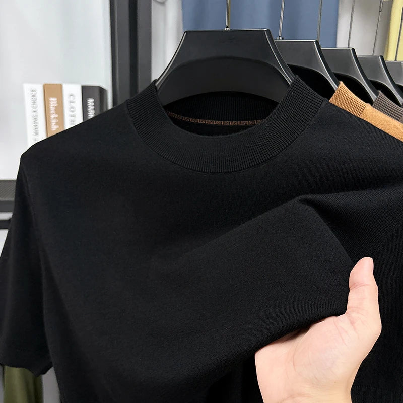 Men's T-Shirt Silk Wool Knit Slim Fit Short Sleeve Mock Neck Casual