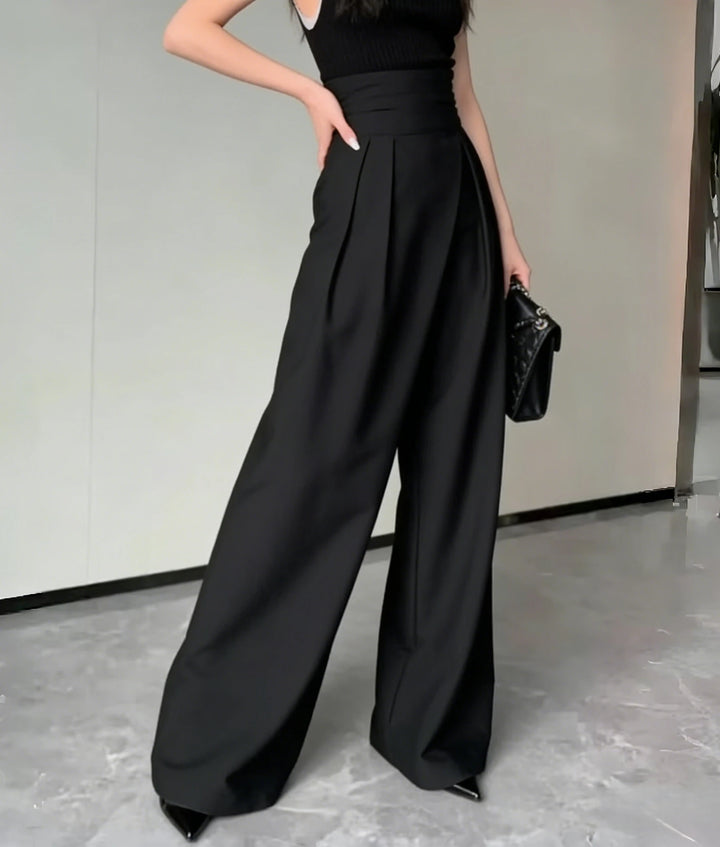 Pantalon femme jambe large taille haute coupe droite décontracté bureau