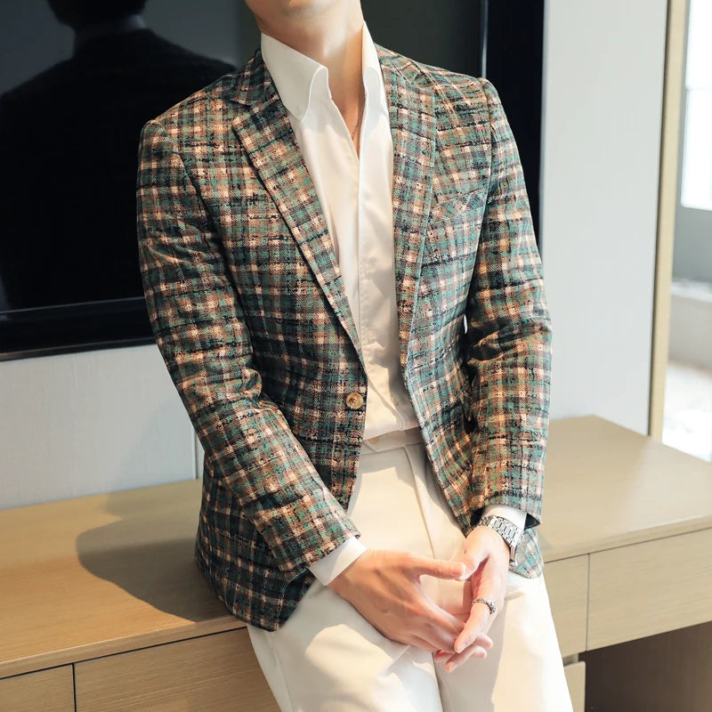 Blazer para hombre a cuadros, ajuste slim, cierre con botones, manga larga, casual de negocios