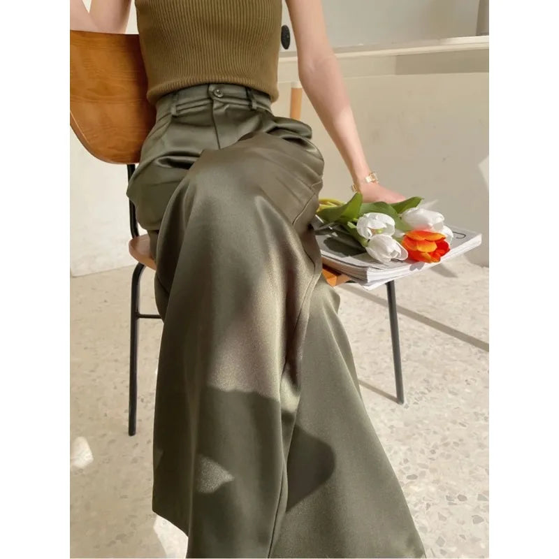 Pantalon femme en satin, jambe large, taille haute, coupe ample, longueur totale, décontracté
