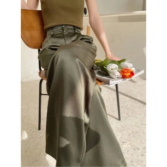 Women's Pants Satin Wide Leg High Waist Loose Fit Full Length Casual