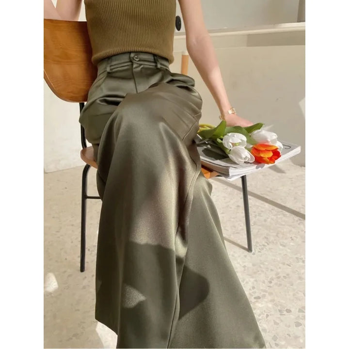 Pantalon femme en satin, jambe large, taille haute, coupe ample, longueur totale, décontracté