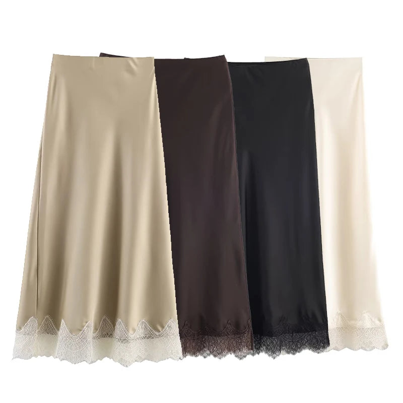 Falda midi para mujer de encaje plisada, cintura alta, línea A, elegante, casual y formal