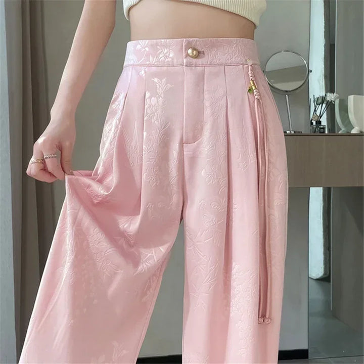 Pantalon femme en satin jacquard, jambe large, coupe ample, taille haute, décontracté bureau