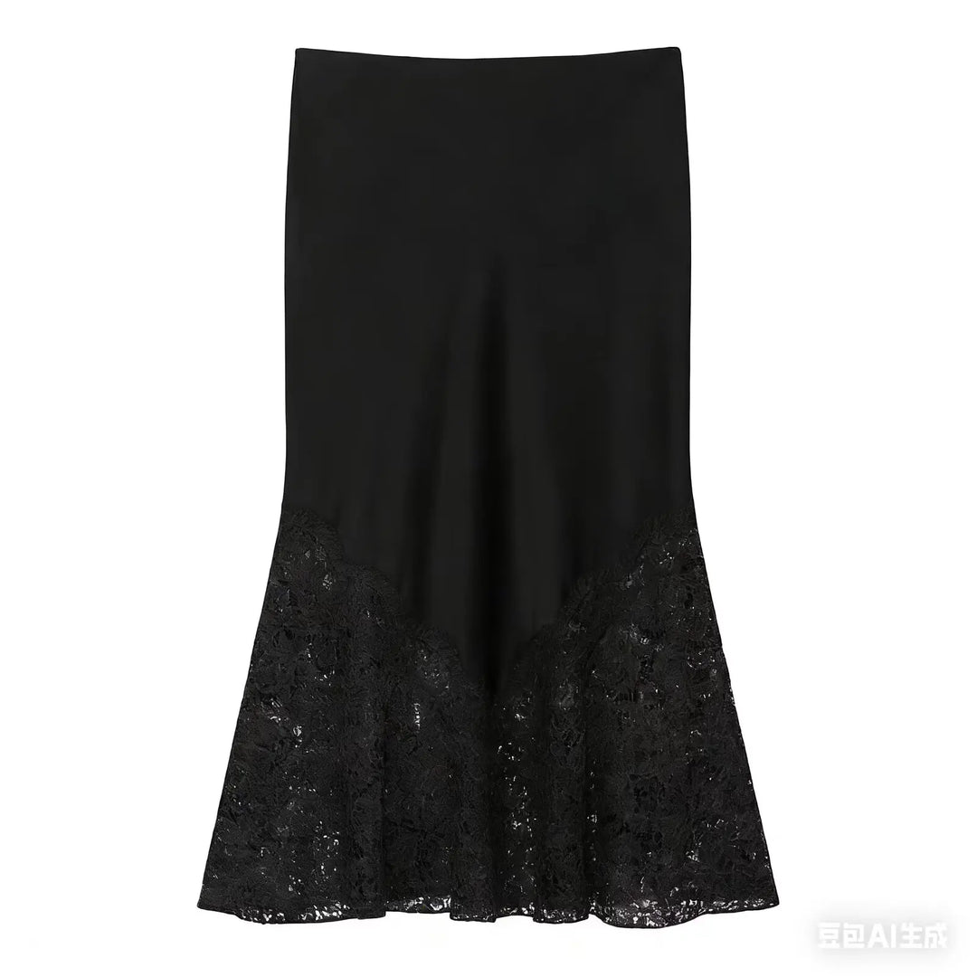 Falda midi para mujer de satén con encaje, cintura alta, corte en A, abertura lateral, ropa casual de verano