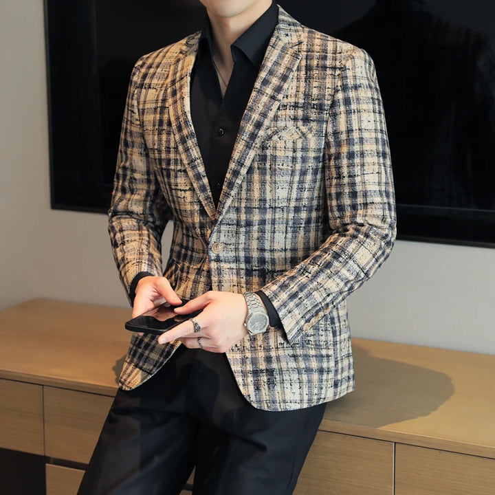 Blazer para hombre a cuadros, ajuste slim, cierre con botones, manga larga, casual de negocios